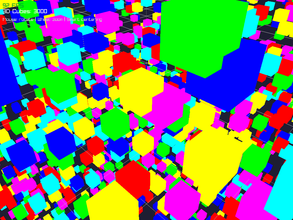 CubeMark drawing a dense 3D scene and its live FPS counter